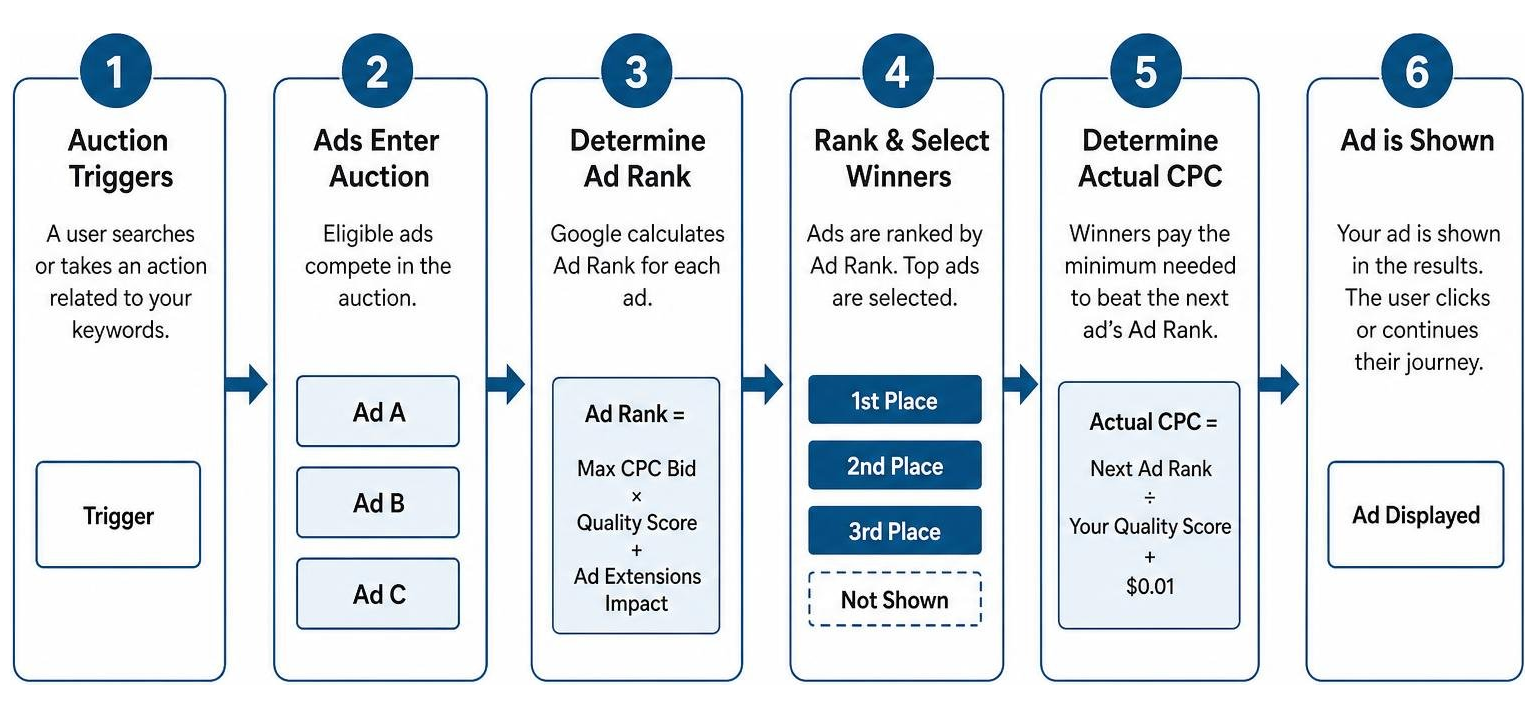 Google Ads auction bidding process flow