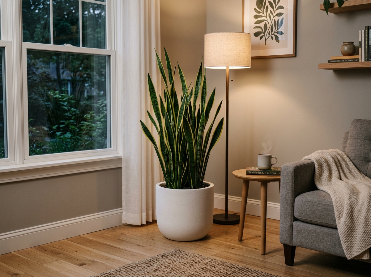 Tall Snake Plant in a stylish ceramic floor planter anchoring a room corner - hardy indoor plants low light Tall Snake Plant in a stylish ceramic floor planter anchoring a room corner - hardy indoor plants low light