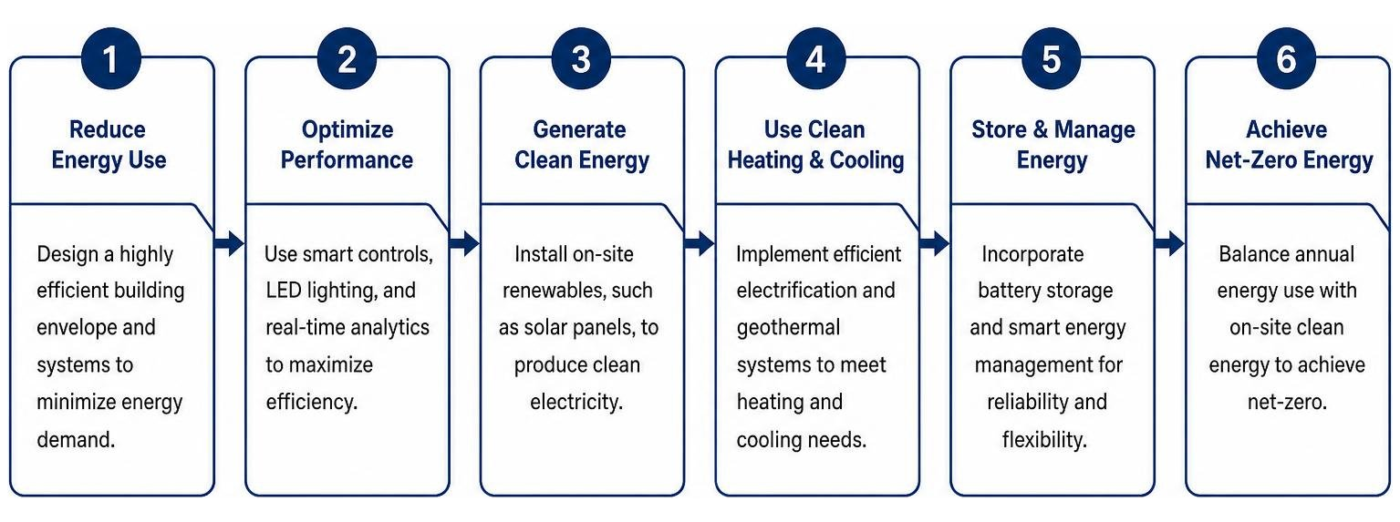 Process diagram showing steps to achieve net-zero energy in school architecture Process diagram showing steps to achieve net-zero energy in school architecture