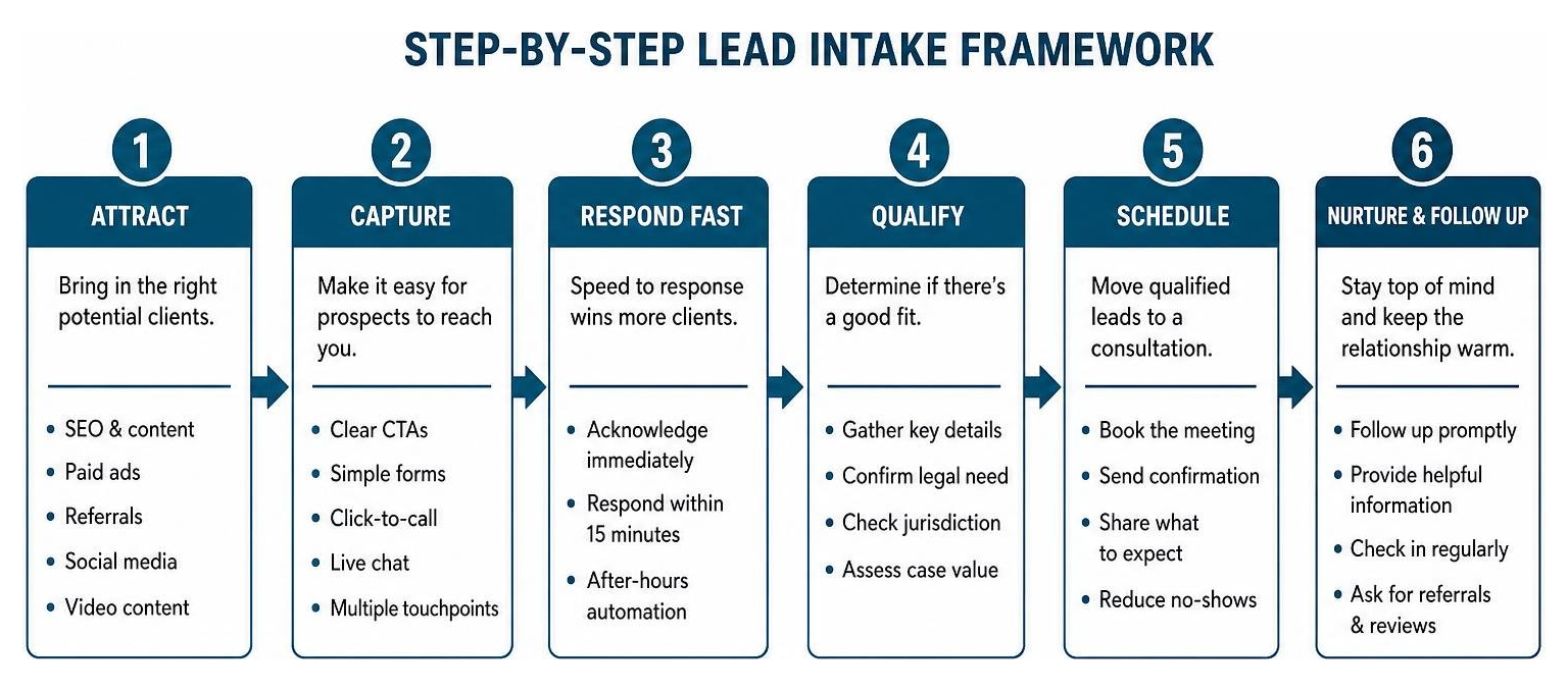 step-by-step lead intake framework diagram Step-by-step lead intake framework for attorneys, illustrating attract, capture, respond fast, qualify, schedule, and nurture