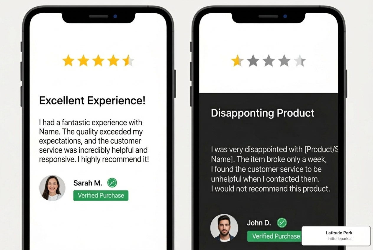 Split screen showing a positive customer review on one side and a negative one on the other - brand reputation management social media Split screen showing a positive customer review on one side and a negative one on the other - brand reputation management social media