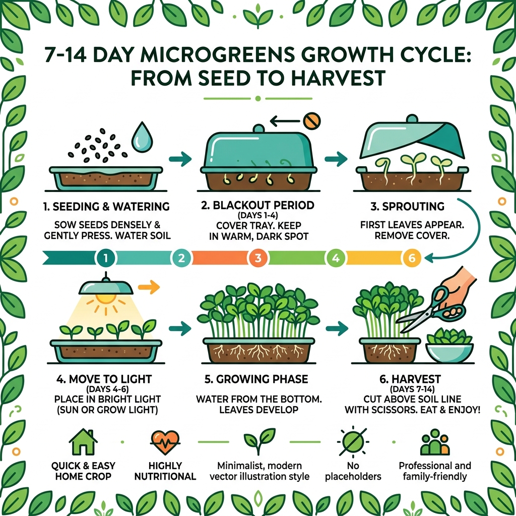 7-14 day microgreens growth cycle from seed to harvest infographic - microgreens grow at home infographic 