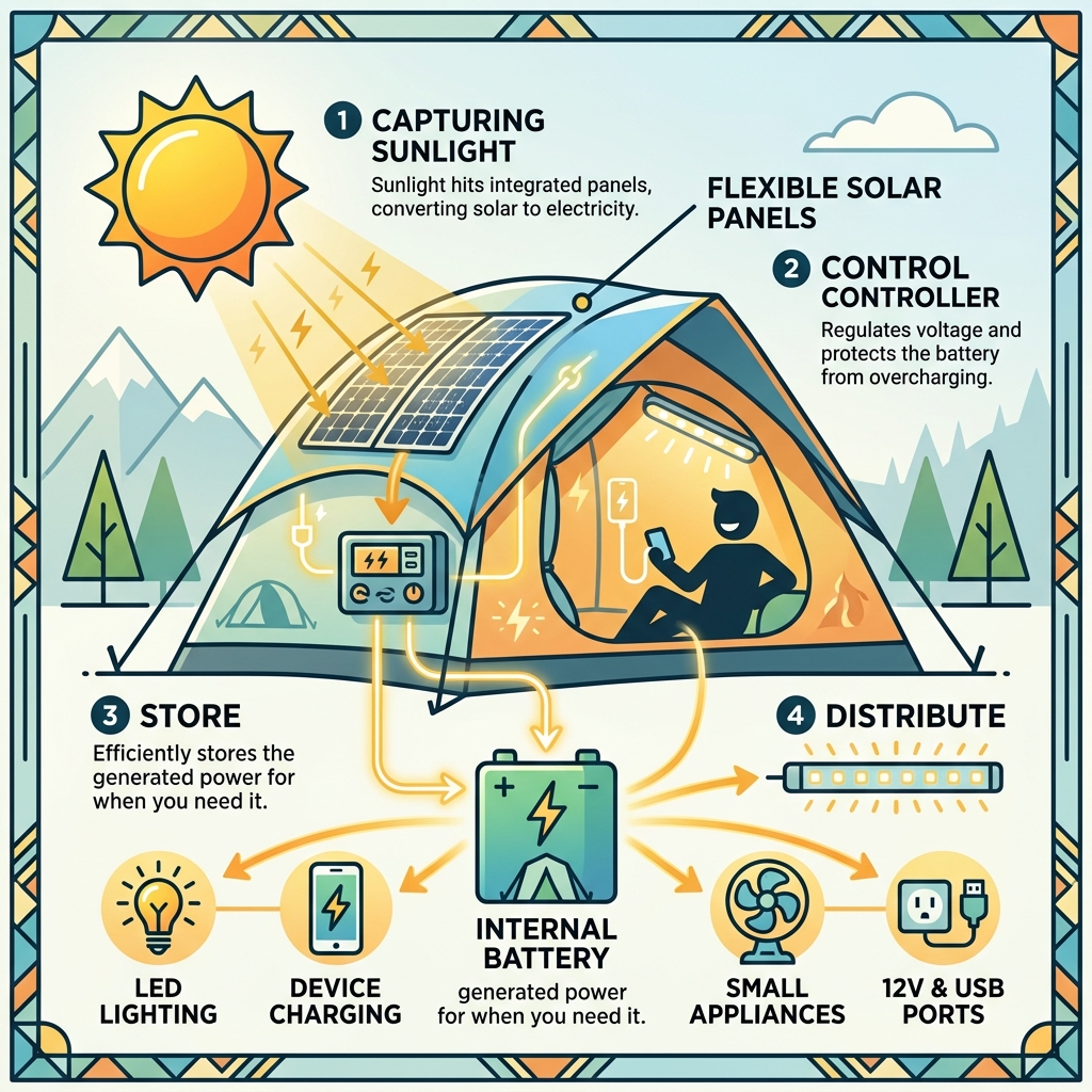 How solar energy is captured, stored, and distributed inside a camping tent - solar camping tent infographic 