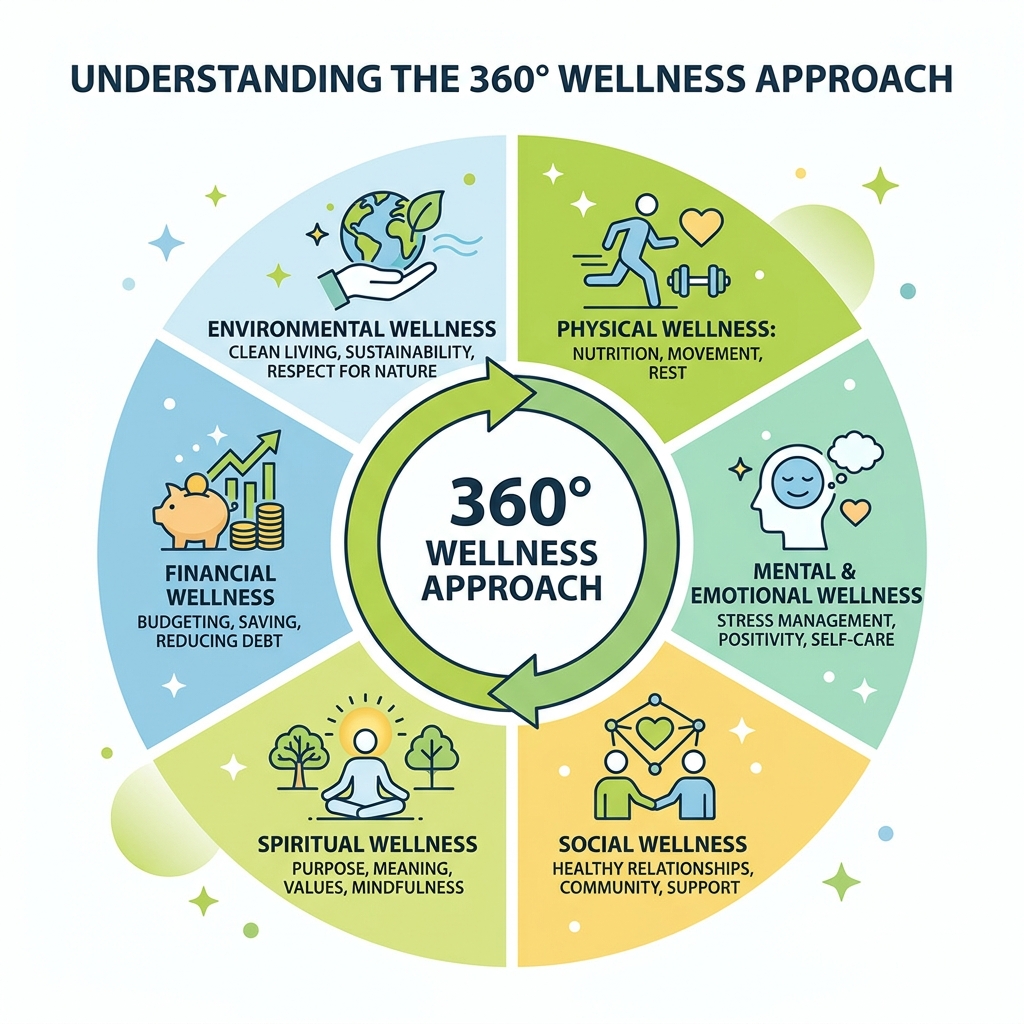 Infographic explaining the 360-degree wellness approach - healthcare and wellness solutions infographic