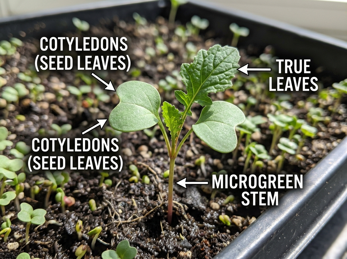Visual comparison of cotyledons versus true leaves on a microgreen stem - microgreens harvesting