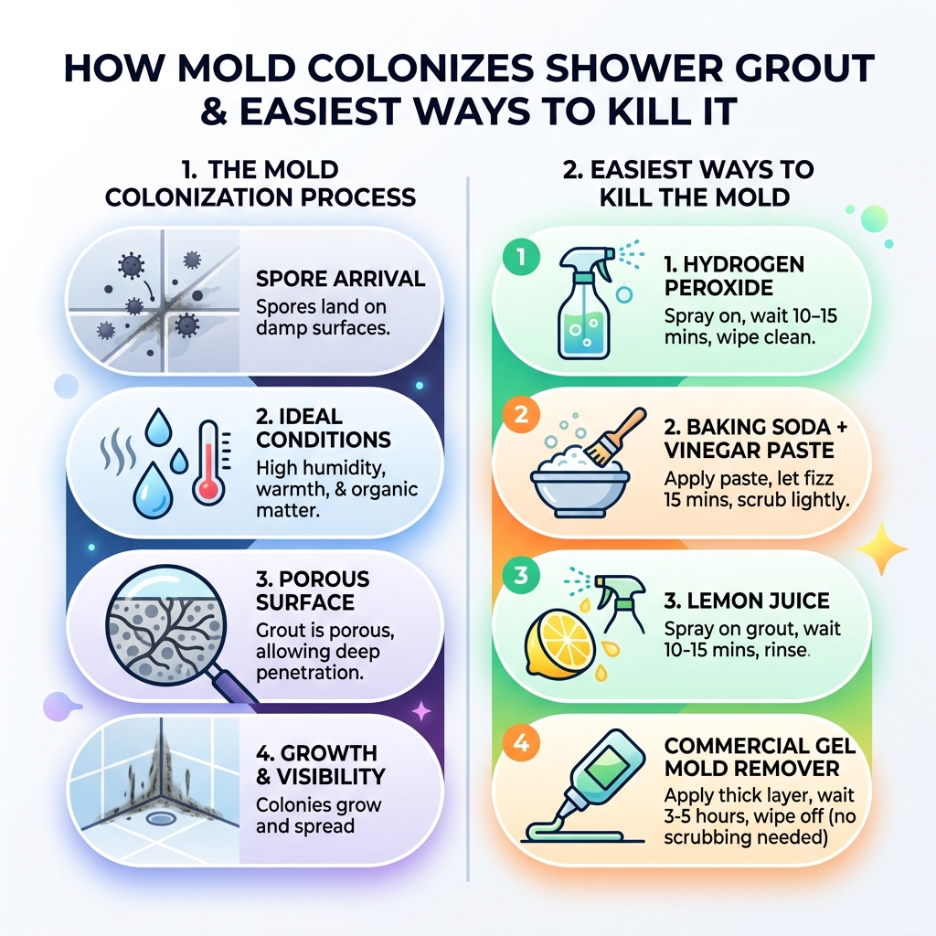 How mold spores colonize shower grout and the easiest ways to kill them - easy grout mold killer infographic How mold spores colonize shower grout and the easiest ways to kill them - easy grout mold killer infographic