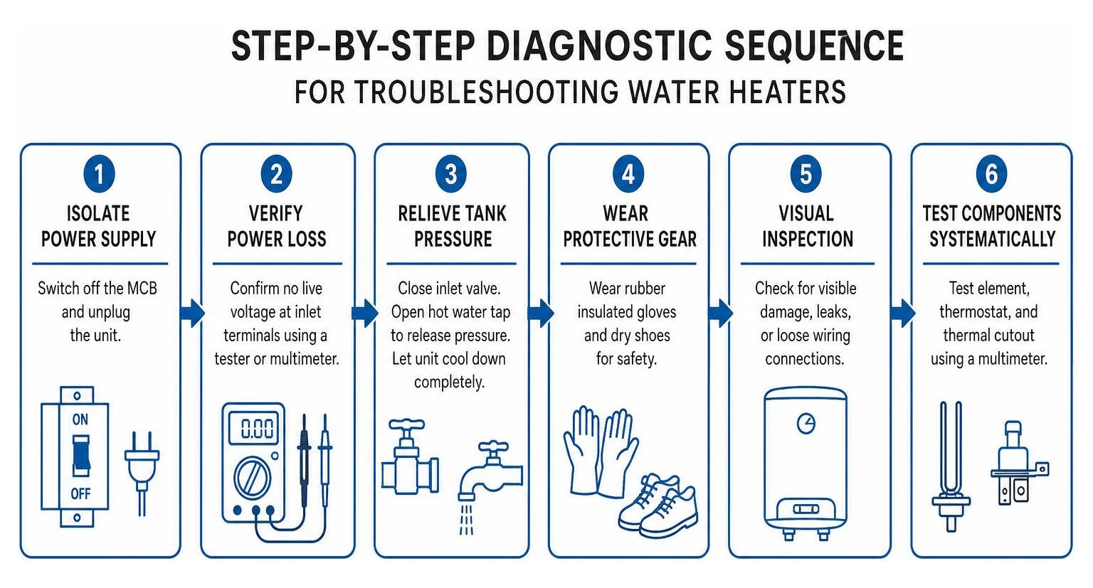 Step-by-step diagnostic sequence for troubleshooting water heaters Step-by-step diagnostic sequence for troubleshooting water heaters