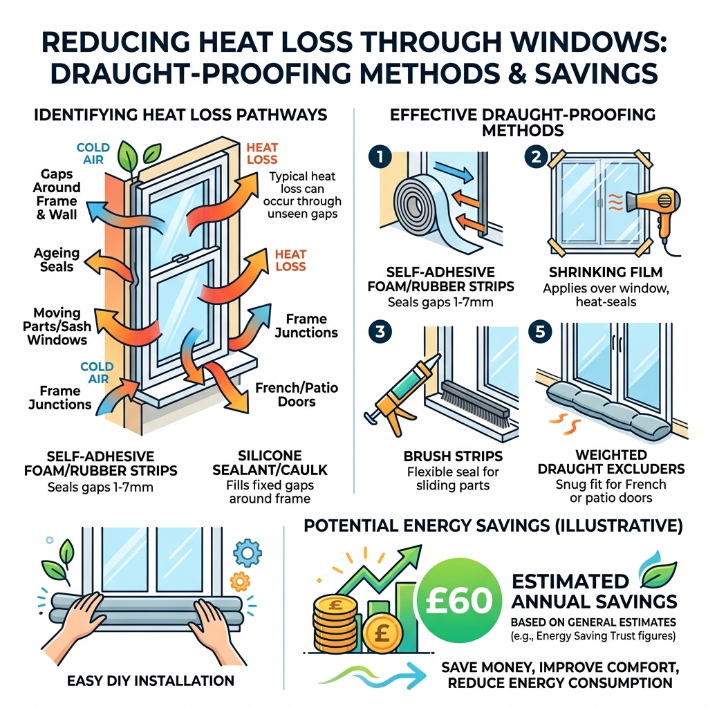 infographic showing heat loss through windows and draught-proofing methods with savings - window draught excluder infographic showing heat loss through windows and draught-proofing methods with savings - window draught excluder