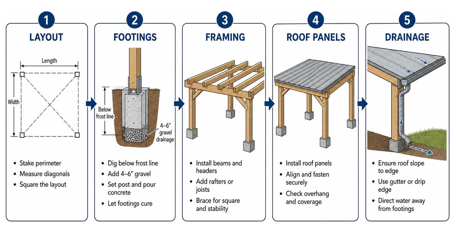 carport construction process showing layout, footings, framing, roof panels, and drainage carport construction process showing layout, footings, framing, roof panels, and drainage