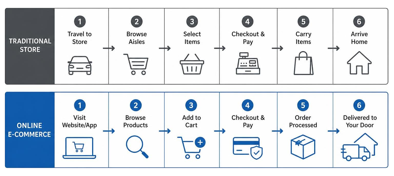 Diagram showing traditional store vs online e-commerce fulfillment steps