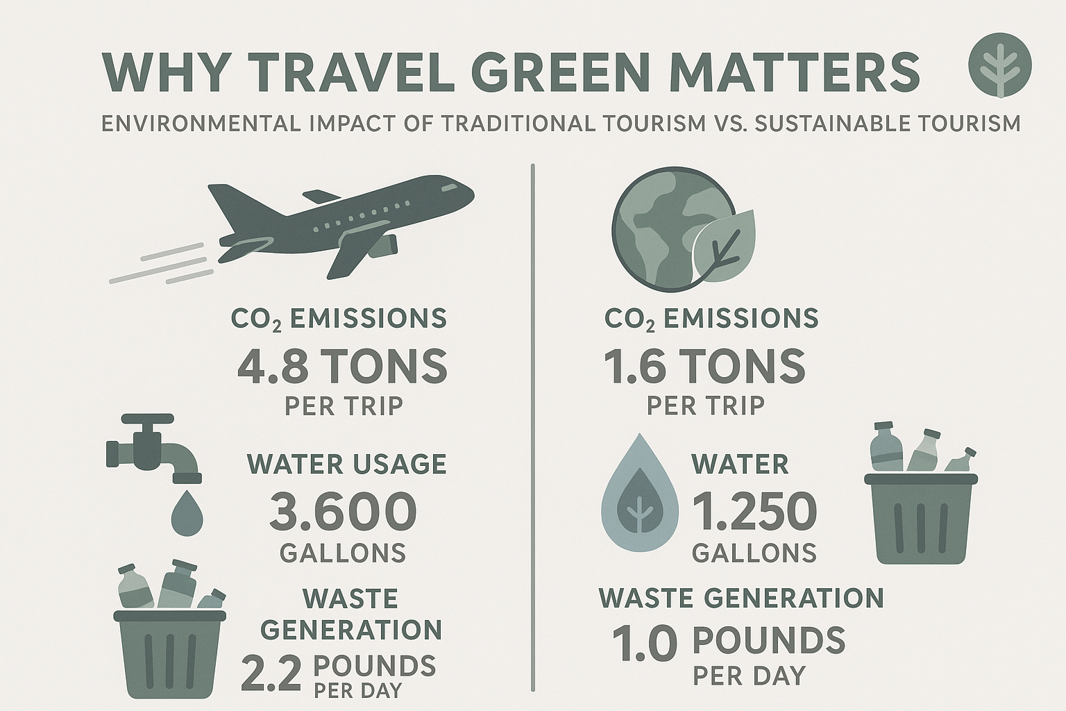 Why Travel Green Matters infographic showing environmental impact statistics of traditional tourism versus sustainable tourism, including carbon emissions, water usage, and waste generation - Eco-friendly vacation spots infographic 