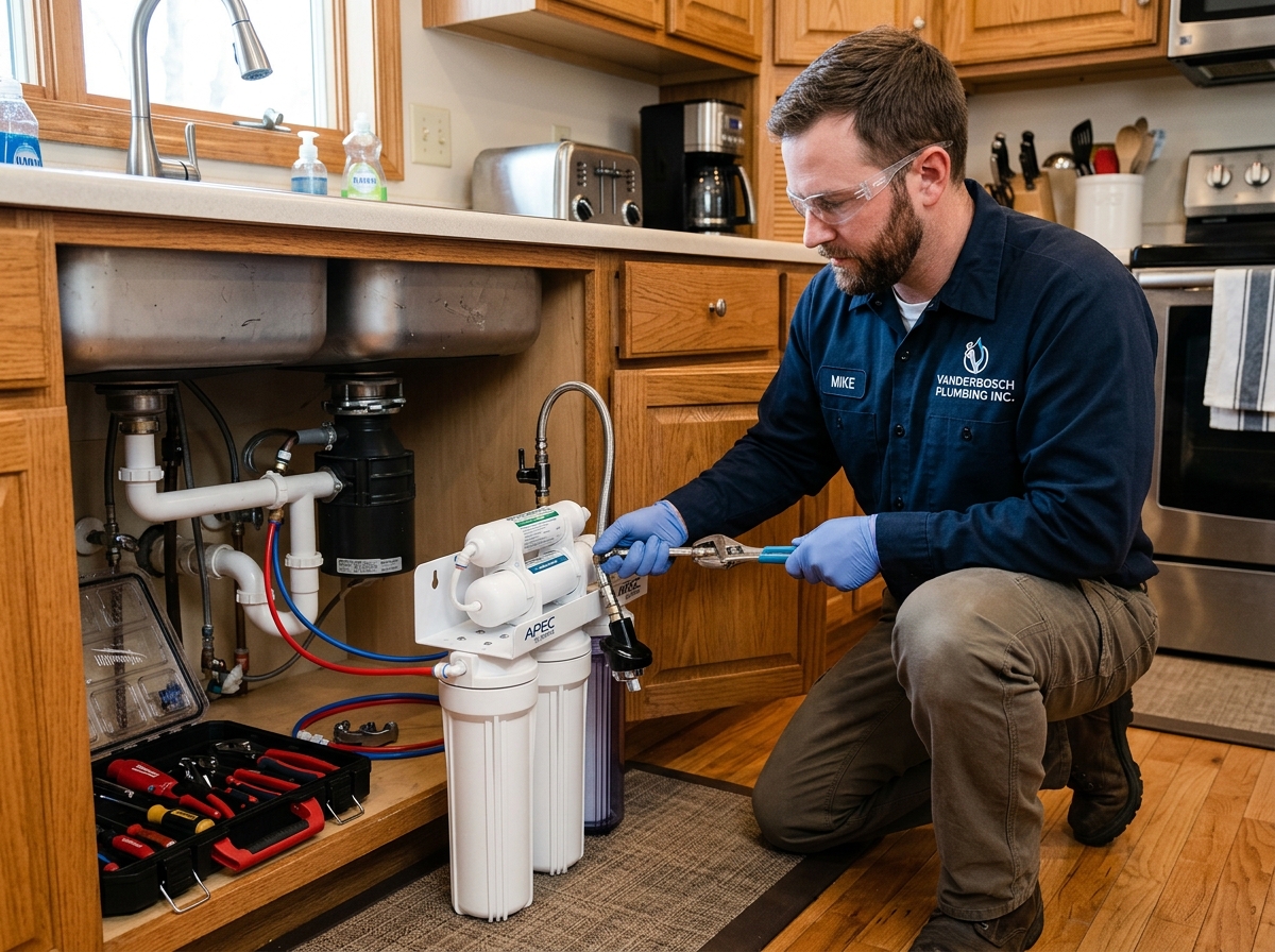 A professional plumber from VanDerBosch Plumbing Inc. installing a modern under-sink filtration system - water filtration