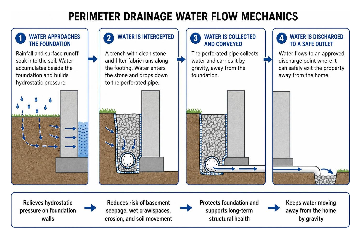 Perimeter drainage water flow mechanics Perimeter drainage water flow mechanics