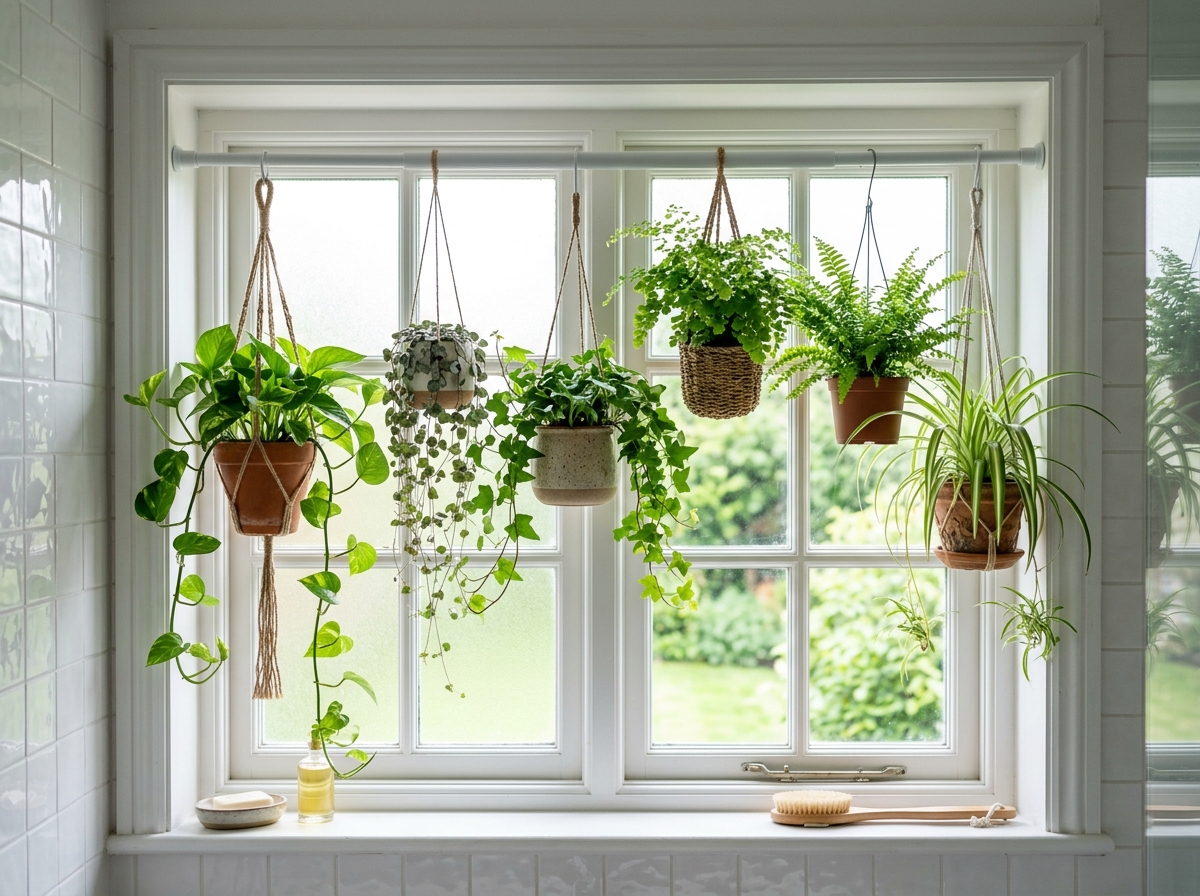 A tension rod across a bathroom window holding several hanging plants - hanging plants for bathrooms