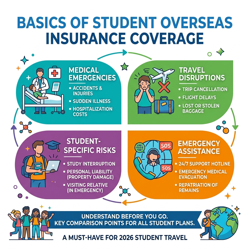 basics of student overseas insurance coverage comparison infographic - overseas insurance for students infographic 