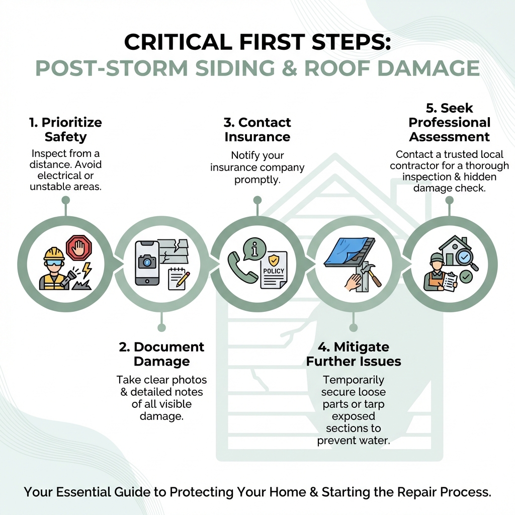 Infographic detailing 5 critical first steps after storm damage to siding and roof - storm damage siding repair infographic 