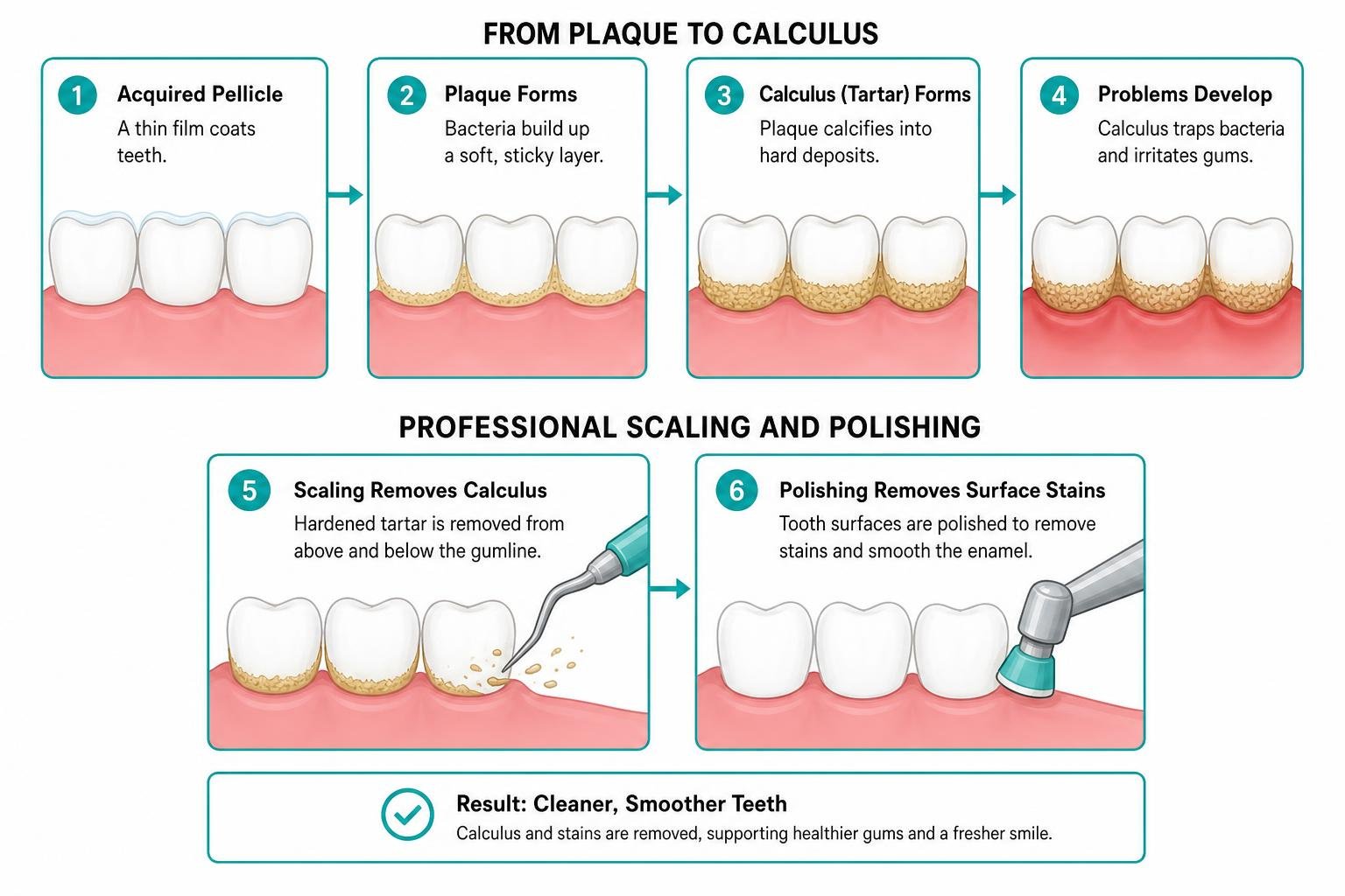 Diagram of dental plaque progression to calculus formation and removal Diagram of dental plaque progression to calculus formation and removal