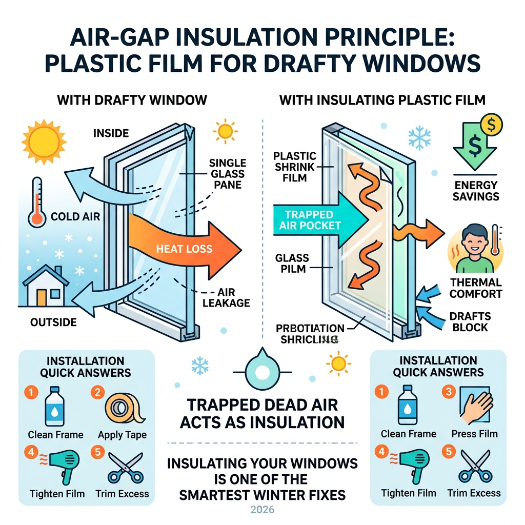 infographic showing air-gap insulation principle for drafty windows with plastic film - plastic for drafty windows infographic showing air-gap insulation principle for drafty windows with plastic film - plastic for drafty windows