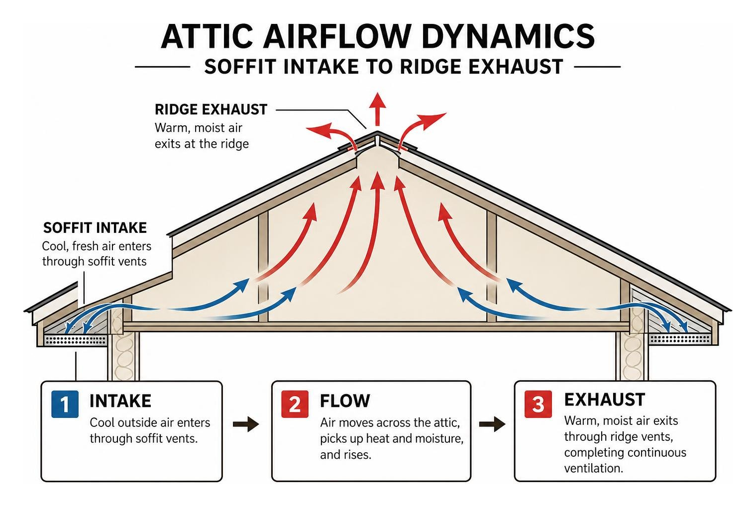 Attic airflow dynamics showing soffit intake to ridge exhaust