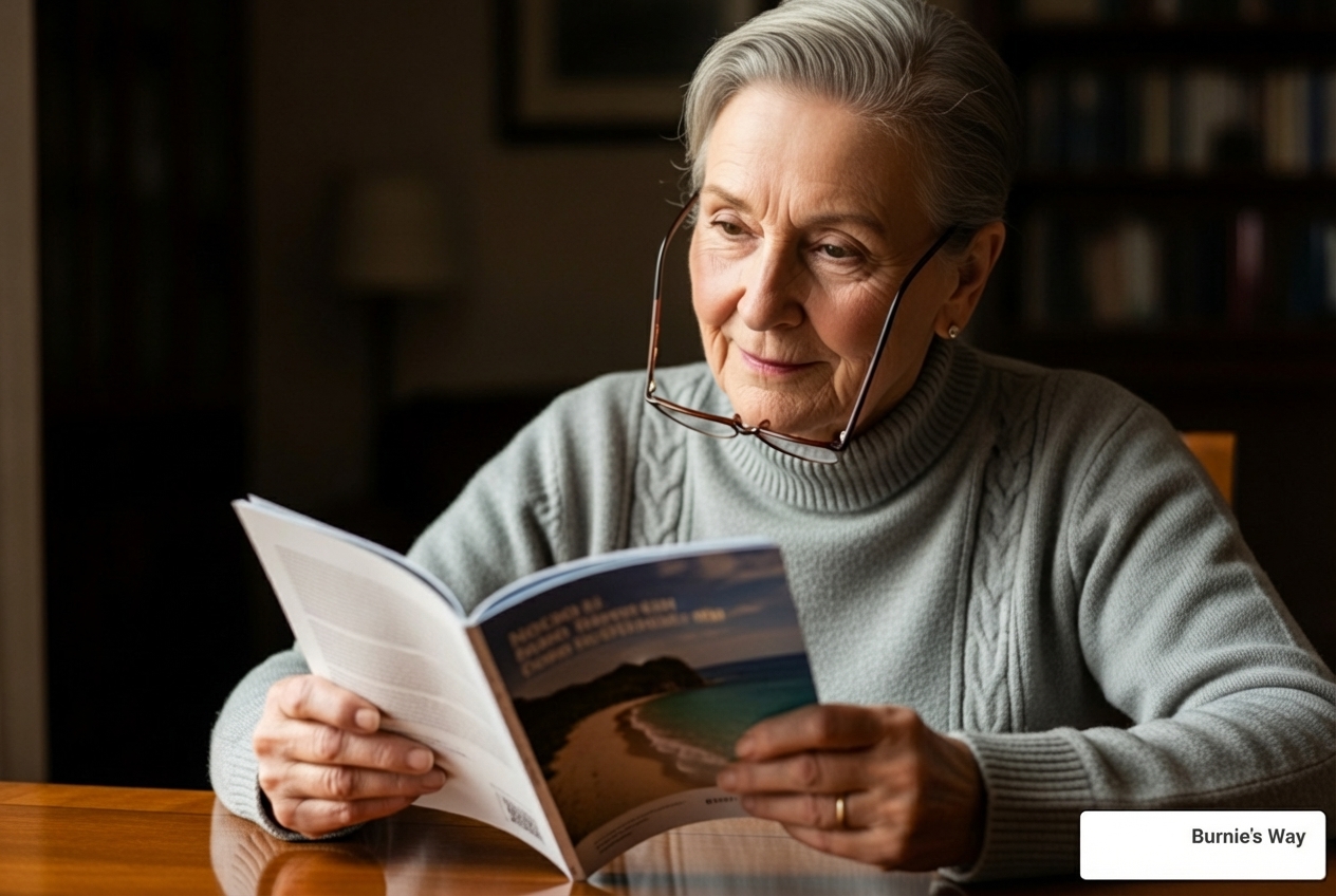 person thoughtfully reviewing a brochure - senior life management