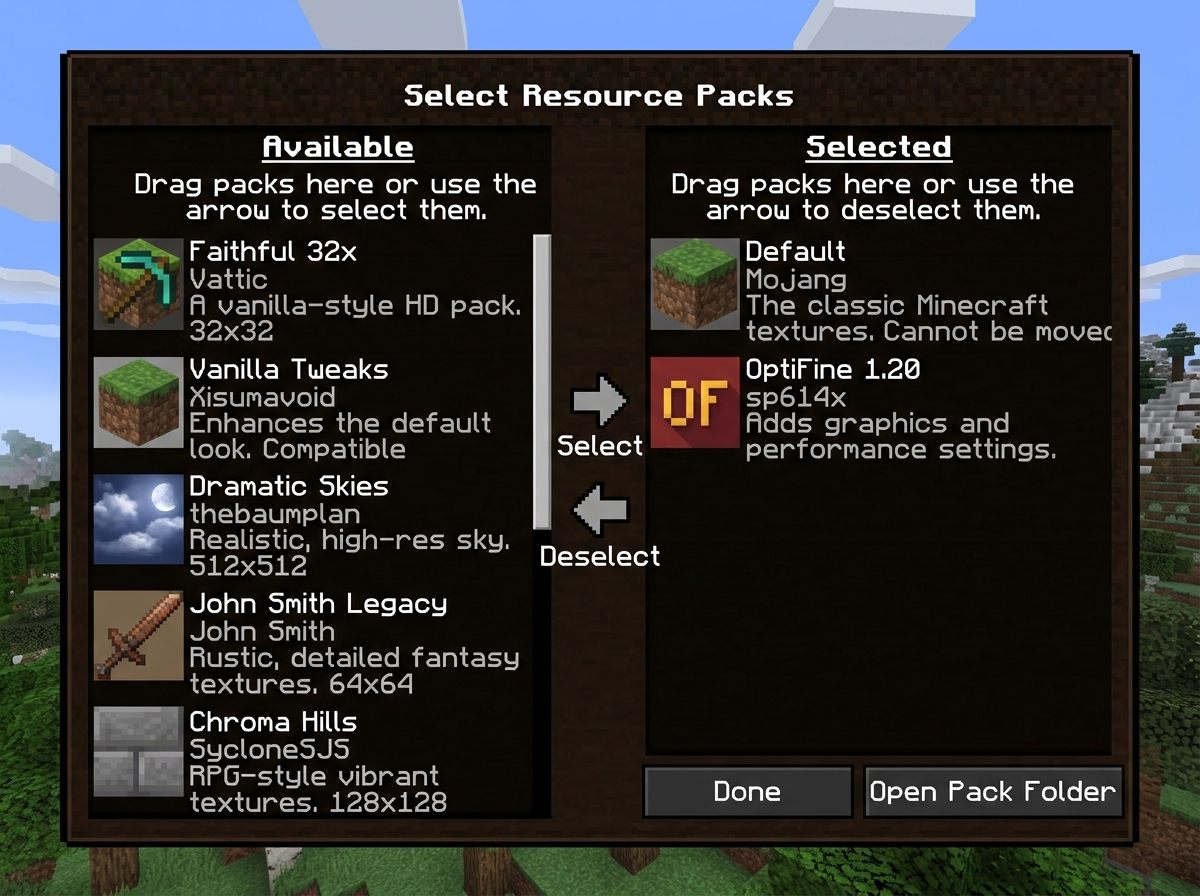 The Minecraft Resource Pack selection screen showing how to move packs from the left 'Available' side to the right