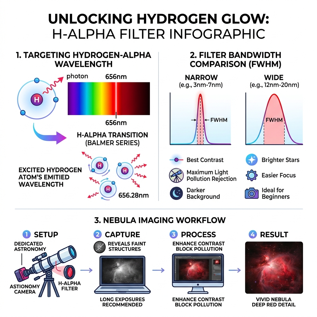 H-alpha filter infographic showing 656nm wavelength, bandwidth comparison, and nebula imaging workflow - H alpha filter