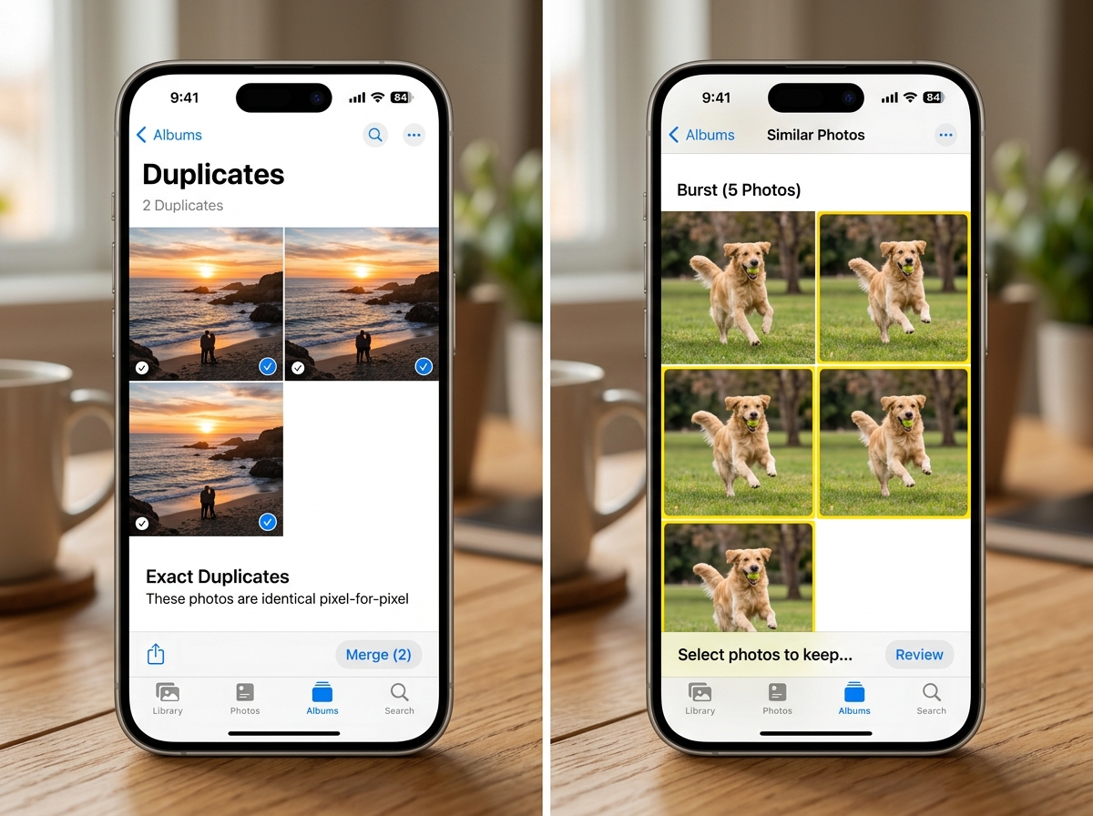 comparing exact duplicate photos vs similar burst shots on iPhone - remove similar photos app