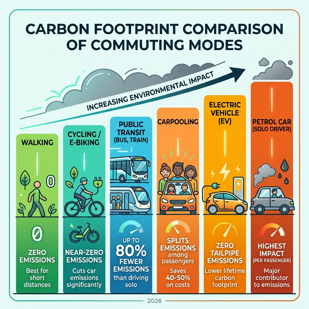 Carbon footprint comparison of different commuting modes: walking, cycling, public transit, carpool, EV, petrol car Carbon footprint comparison of different commuting modes: walking, cycling, public transit, carpool, EV, petrol car