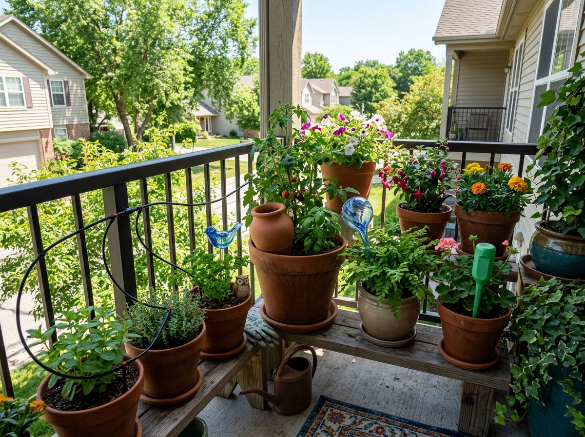 Various self-watering gadgets and stakes in a sunny garden setting - best self watering for outdoor plants