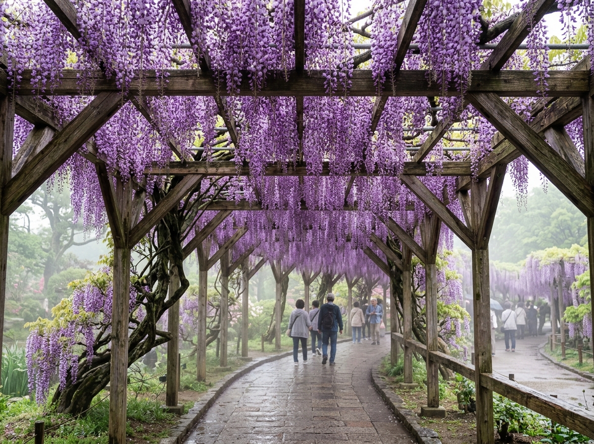 Massive purple wisteria tunnels hanging from wooden trellises at Ashikaga Flower Park - solo flower festivals Asia