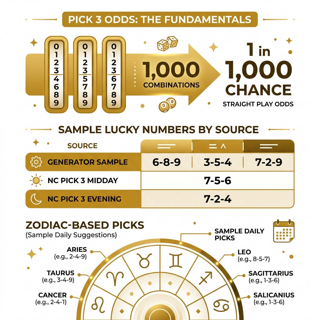 Infographic showing Pick 3 odds: 1 in 1,000 combinations, sample lucky numbers by source, and zodiac-based picks - 3 lucky