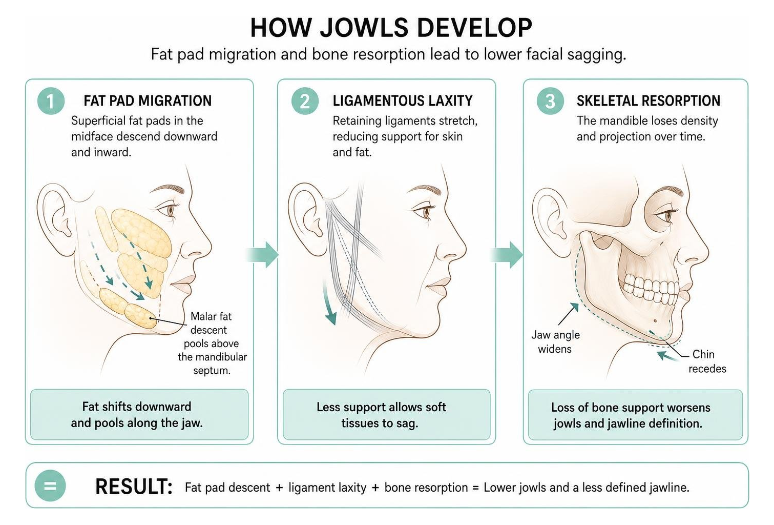 Diagram Showing Facial Fat Pad Migration And Bone Resorption Causing Lower Jowls