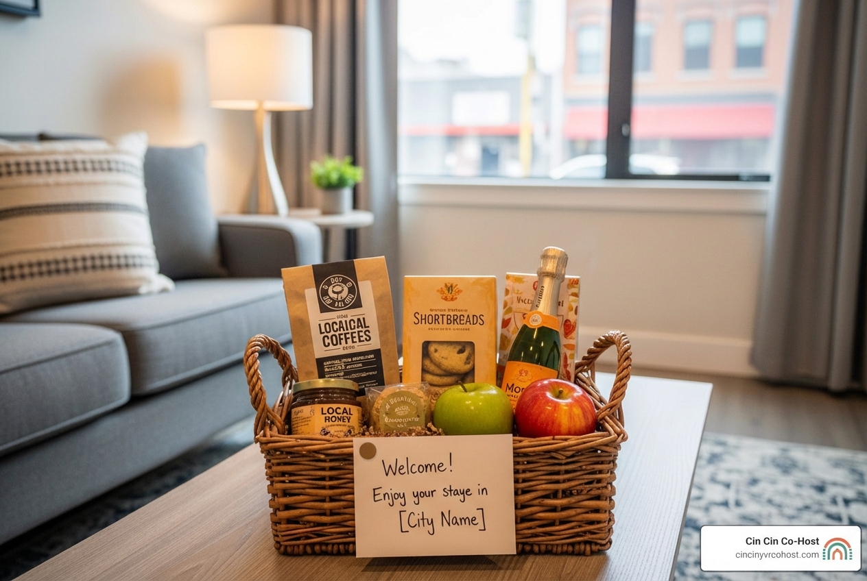 personalized welcome basket in a stylish Vancouver Airbnb, featuring local treats and a handwritten note - guest experience management personalized welcome basket in a stylish Vancouver Airbnb, featuring local treats and a handwritten note - guest experience management
