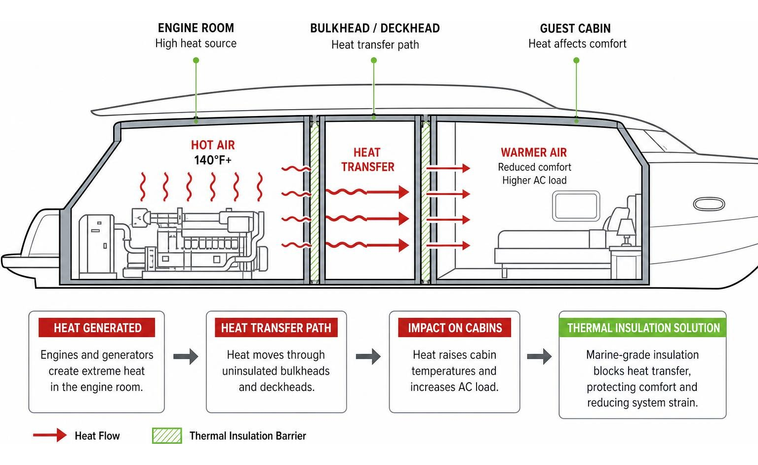 heat transfer from engine room into guest cabins and bulkheads on a luxury yacht