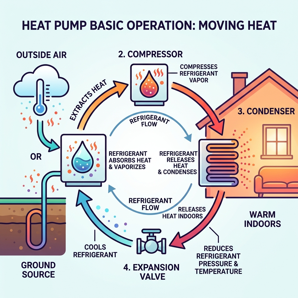 Infographic showing heat pump basic operation: extracts heat from air/ground, compresses refrigerant, releases heat indoors