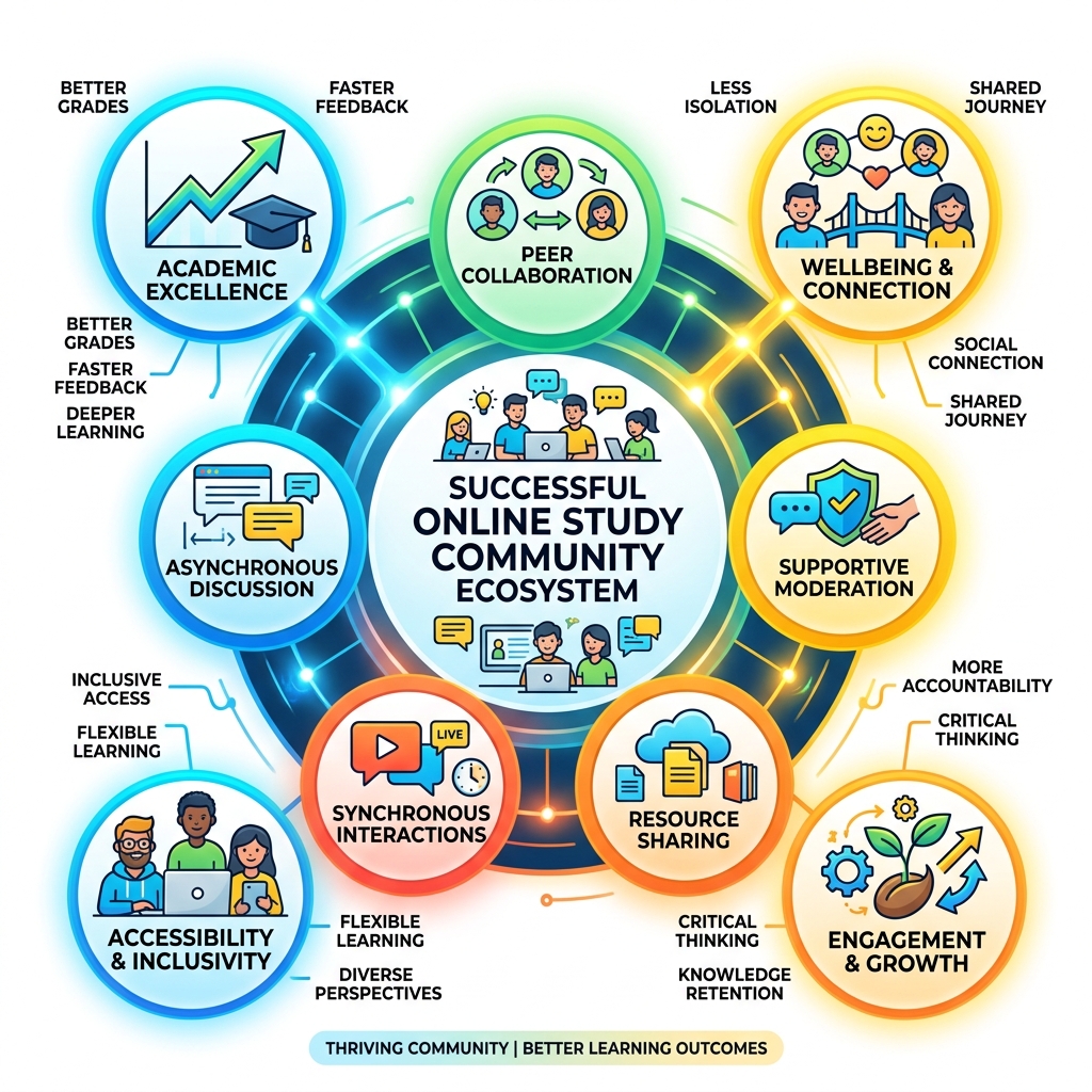 Ecosystem of a successful online study community showing key benefits and elements - benefits of online study communities Ecosystem of a successful online study community showing key benefits and elements - benefits of online study communities