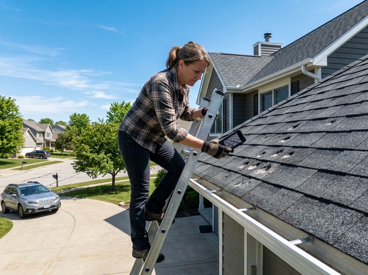 Homeowner documenting hail damage on roof with a smartphone - Hail damage insurance claim Homeowner documenting hail damage on roof with a smartphone - Hail damage insurance claim