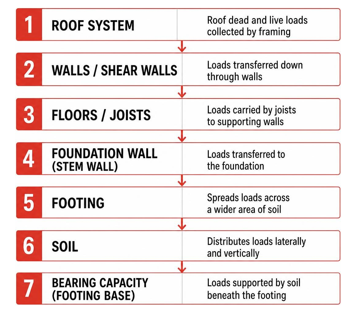 Structural load distribution chain from roof to footing Structural load distribution chain from roof to footing