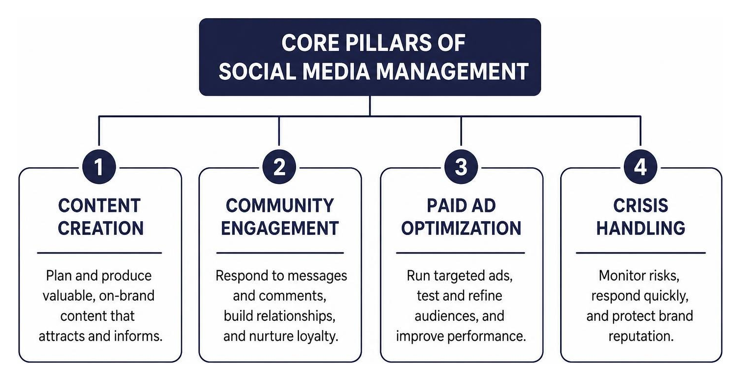 Core pillars of social media management: content creation, community engagement, paid ad optimization, and crisis handling