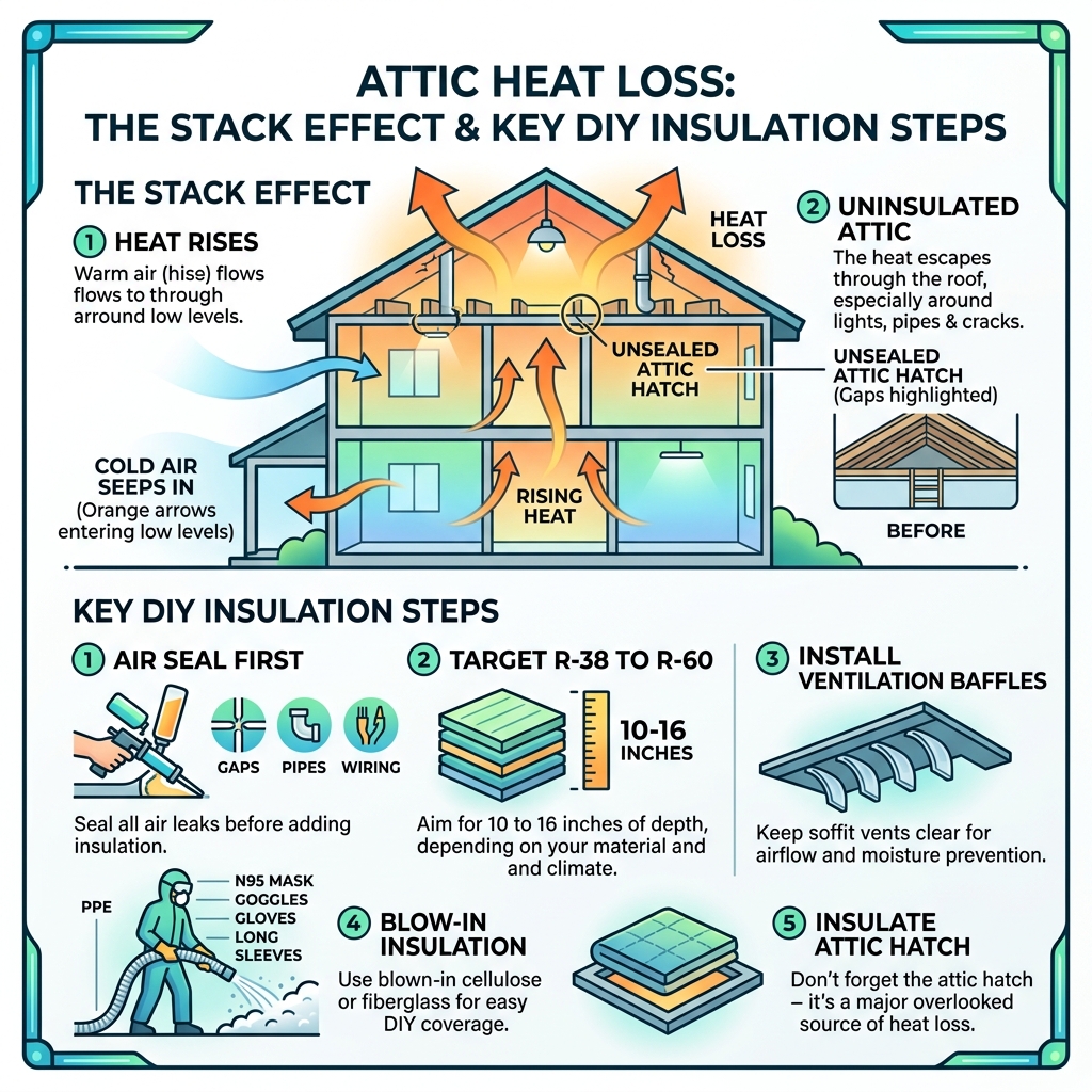 Infographic showing attic heat loss stack effect and key DIY insulation steps - diy attic insulation tips infographic 