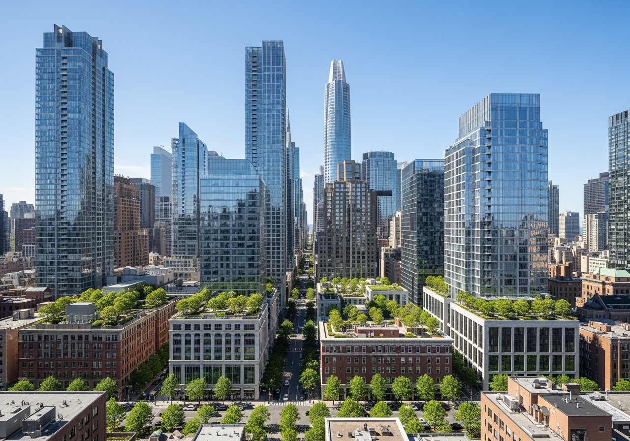 A contemporary city skyline with mixed-use developments, showcasing diverse architectural styles and green spaces. - modern urban housing