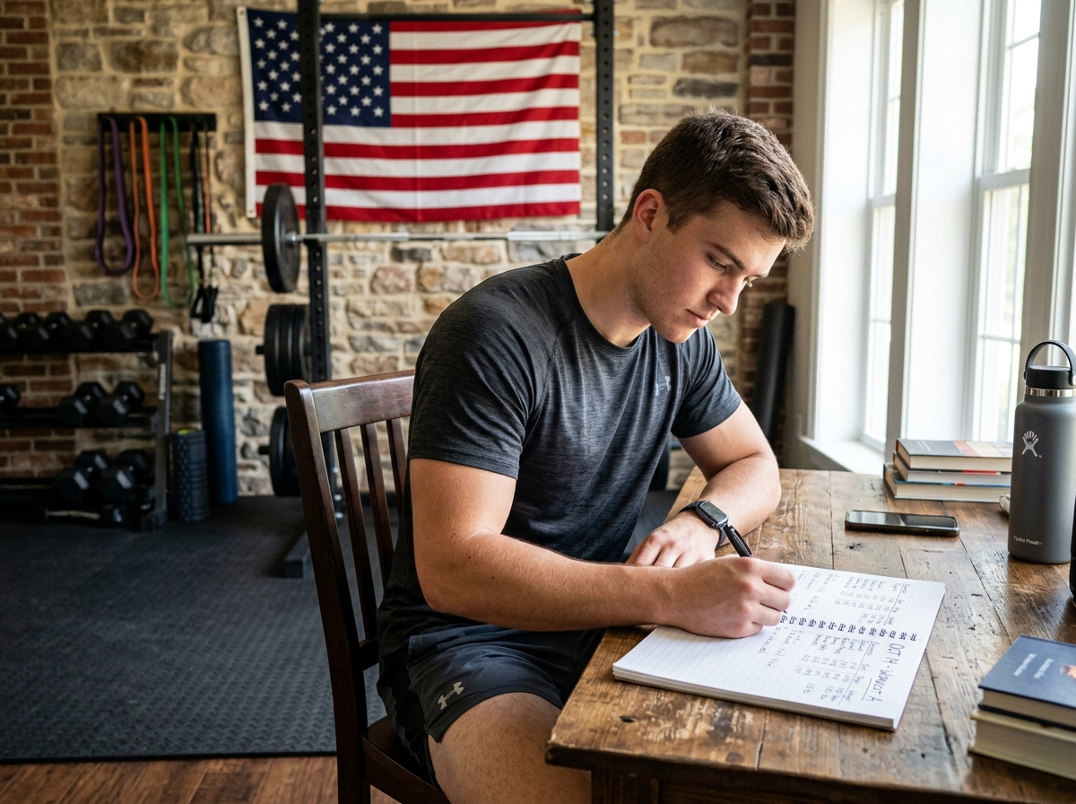 Trainee tracking reps in a fitness journal to monitor progressive overload - advanced bodyweight arm exercises Trainee tracking reps in a fitness journal to monitor progressive overload - advanced bodyweight arm exercises