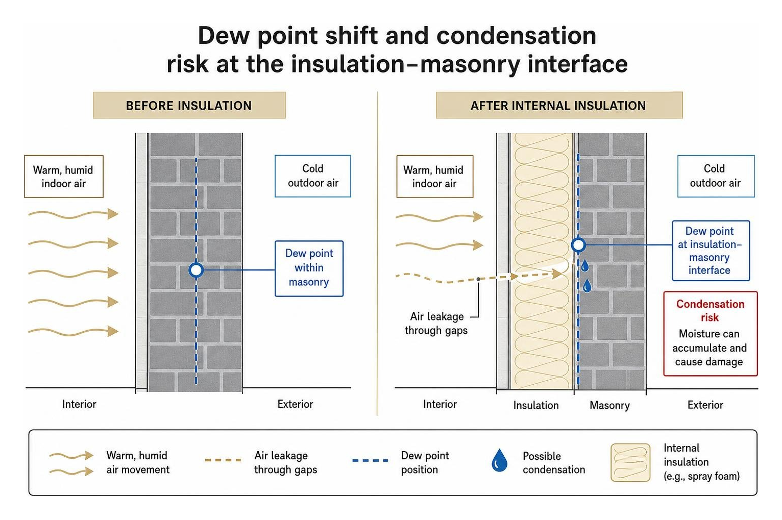 Dew point shift and condensation risk at the insulation-masonry interface