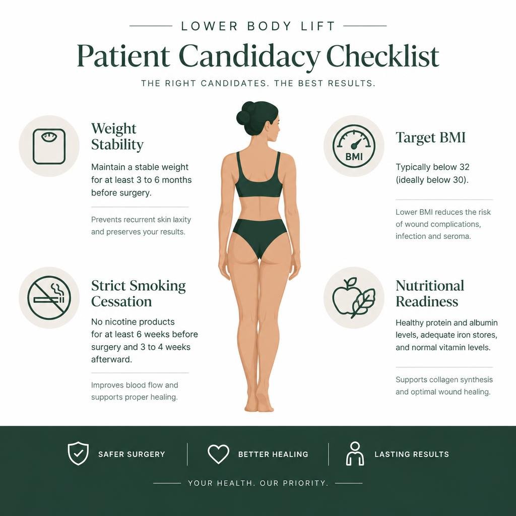 Lower body lift patient candidacy checklist infographic infographic