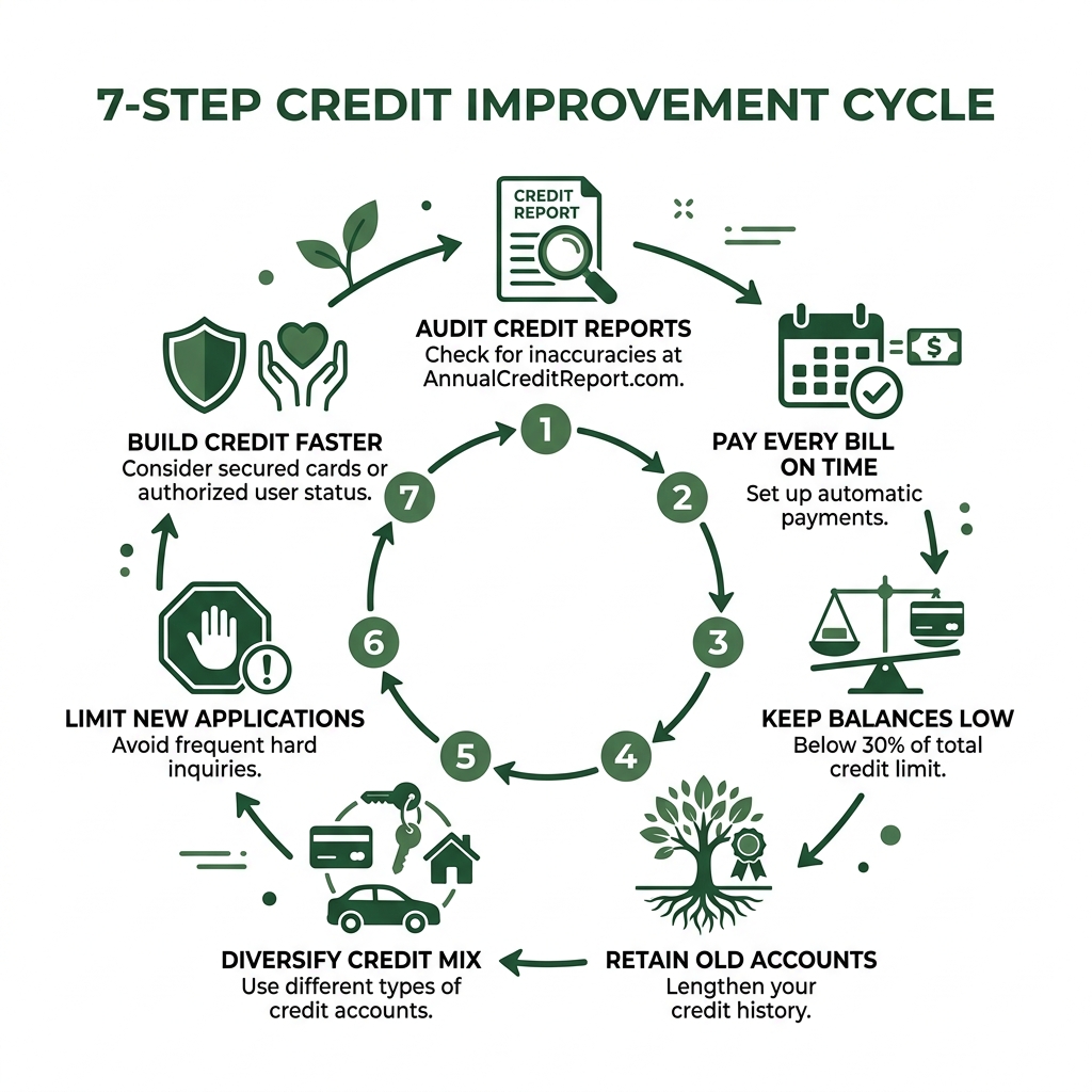 7-step credit improvement cycle infographic showing payment history, utilization, credit age, mix, and inquiries - improve