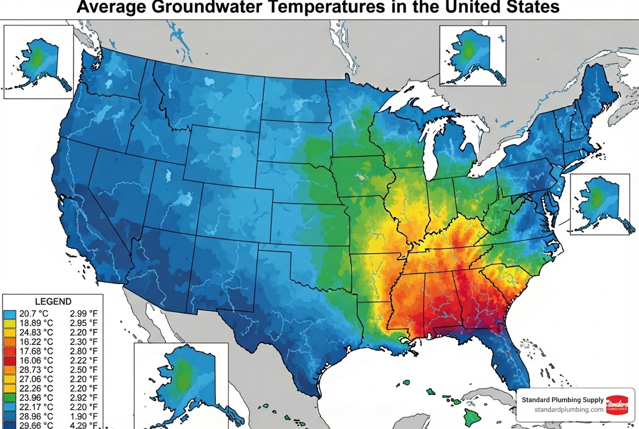 Image of a map of the US showing average groundwater temperatures - hot water on demand systems Image of a map of the US showing average groundwater temperatures - hot water on demand systems