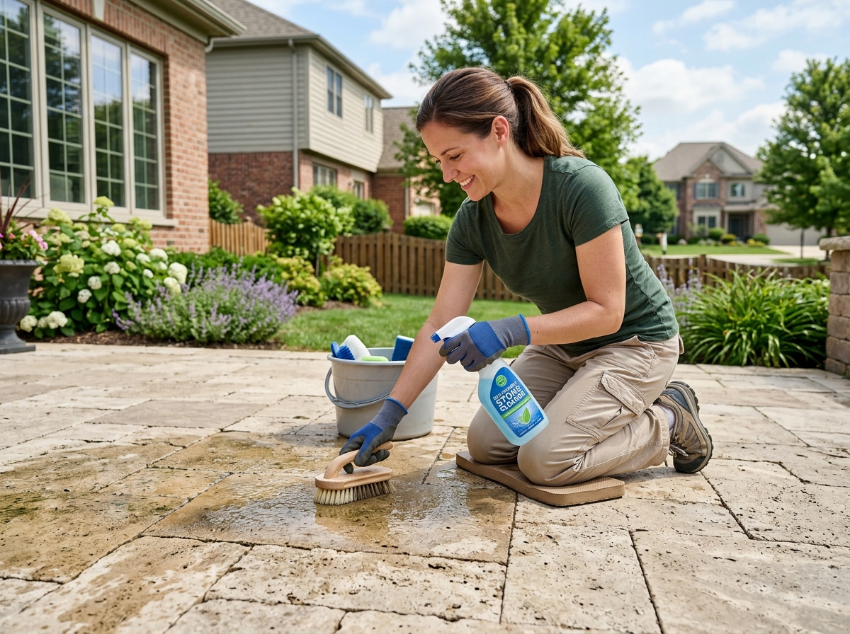 person applying eco-friendly stone cleaner to outdoor pavers - best cleaner for outdoor travertine