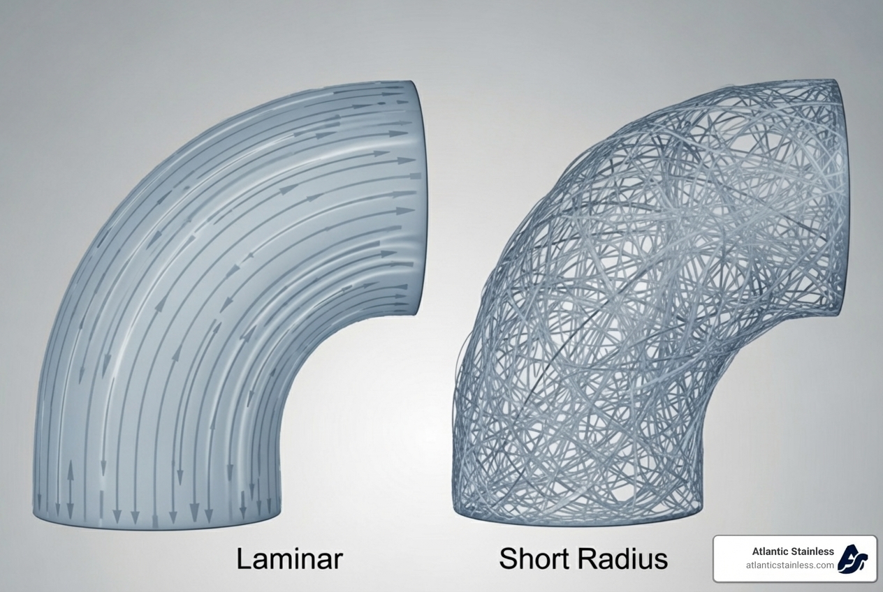 smooth fluid flow through a long radius elbow versus turbulent flow in a short radius elbow - Long radius elbows smooth fluid flow through a long radius elbow versus turbulent flow in a short radius elbow - Long radius elbows