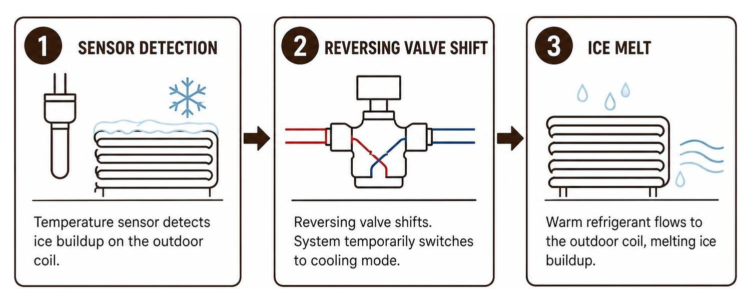 Outdoor heat pump defrost sequence: sensor detection, reversing valve shift, ice melt