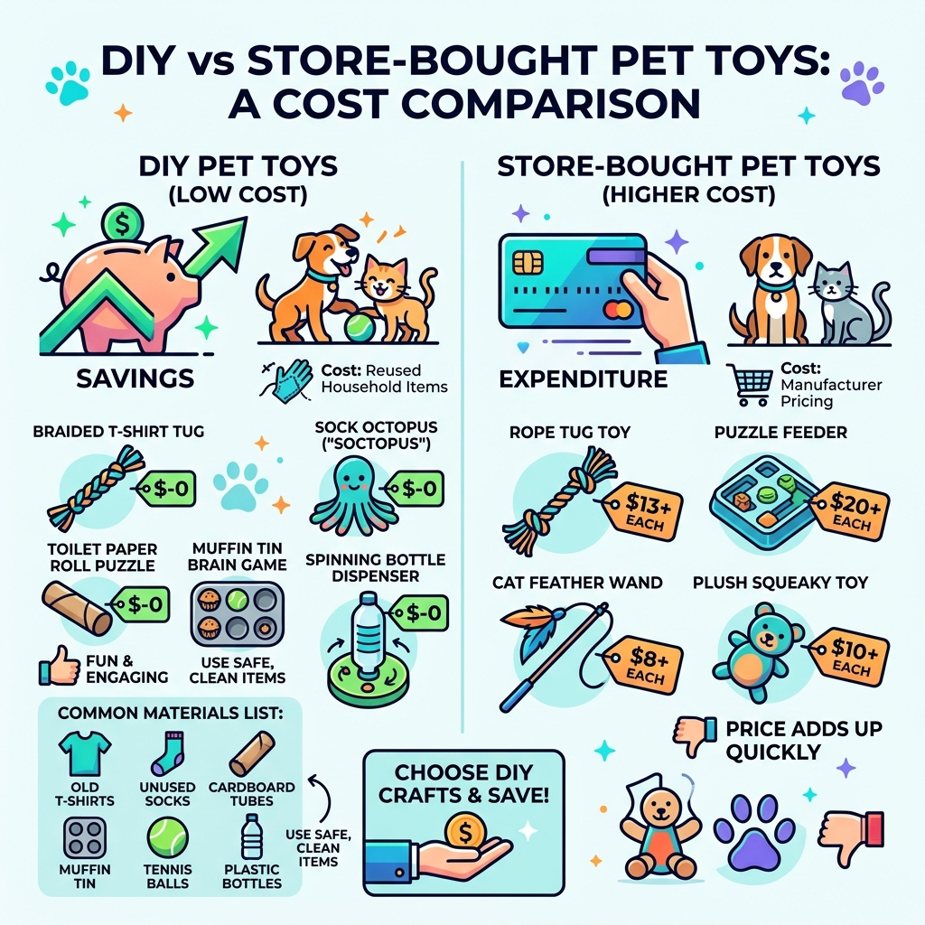 Infographic showing cost comparison of DIY vs store-bought pet toys with materials list - cheap pet toy crafts infographic Infographic showing cost comparison of DIY vs store-bought pet toys with materials list - cheap pet toy crafts infographic